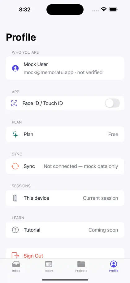 The Profile screen, showing the signed-in account, plan, sync status and sessions