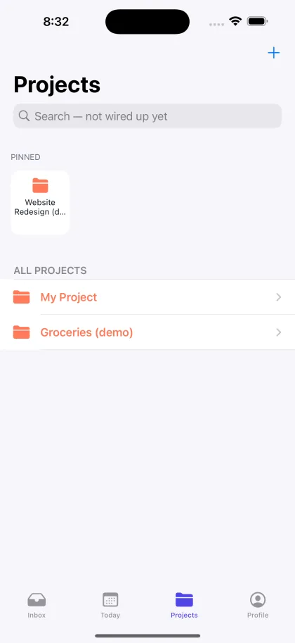 Projects, with a pinned project card above a list of all projects