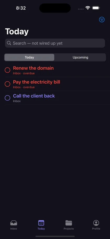 The Today screen in dark mode